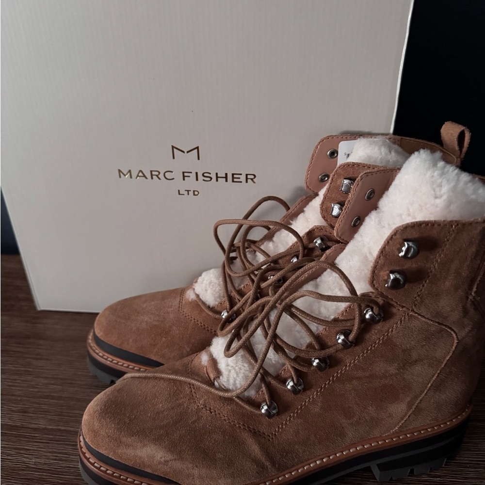 Marc Fisher Brown Suede Boots with White Fur Lining